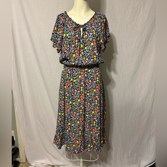 Talbots Midi Dress Flutter Sleeve Floral Coastal Cottage V Neck Tie Size 12 - Picture 5 of 16